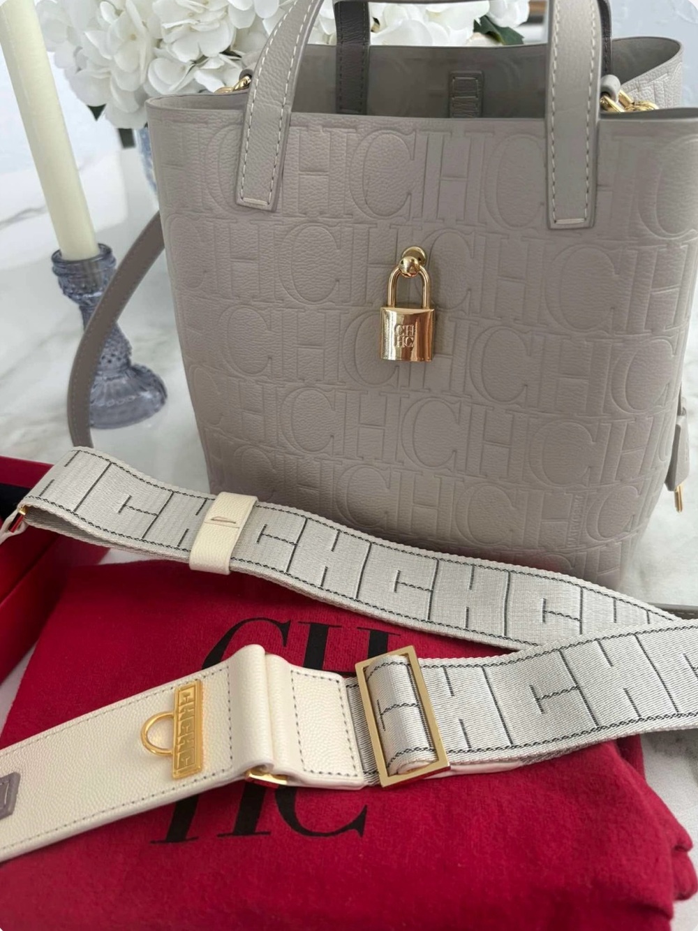 Carolina Herrera Taupe Embossed CH Leather Tote with Ivory Strap
